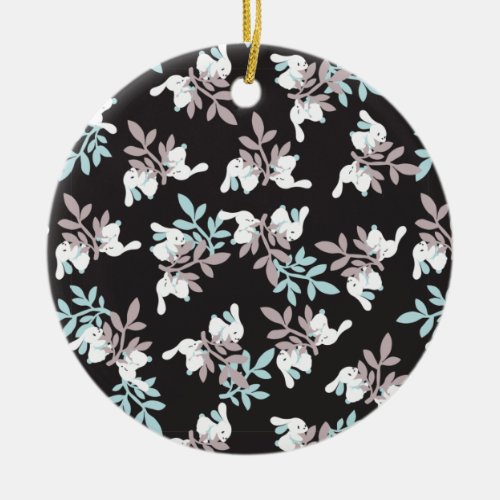 Happy Bunnies and Floral Graden Pattern Ceramic Ornament