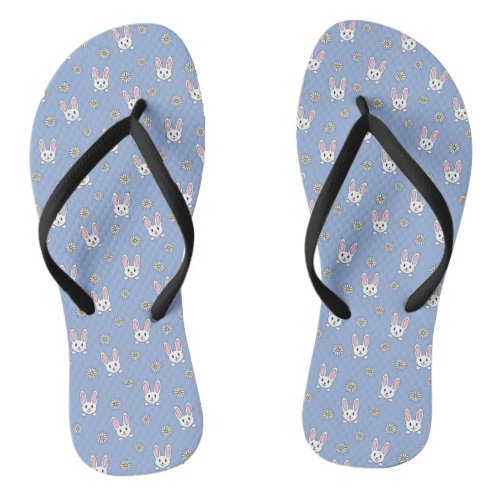 Happy Bunnies Cute Paws With White Daisies Flip Flops