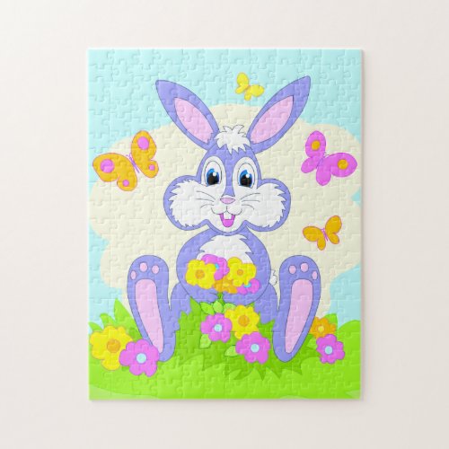 Happy Bunny Butterflies Flowers Cute Purple Rabbit Jigsaw Puzzle