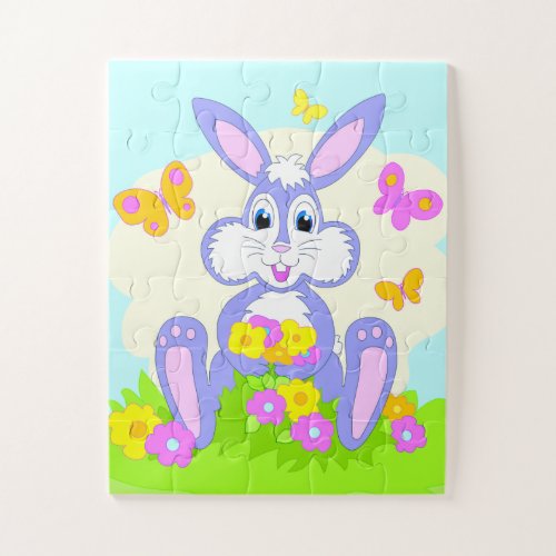 Happy Bunny Butterflies Flowers Cute Purple Rabbit Jigsaw Puzzle