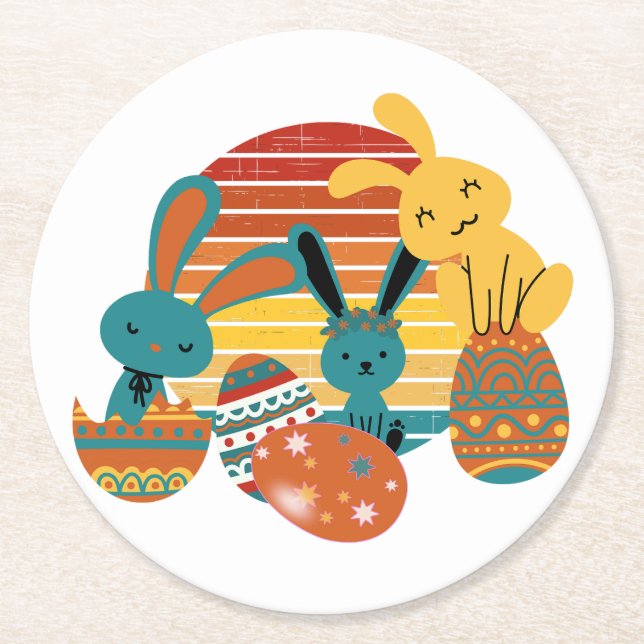 Happy Bunny, Easter Egg, Cute Round Paper Coaster (Front)