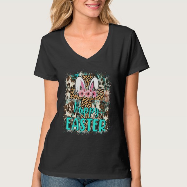 Happy Bunny Easter Leopard Cross With Flowers 1 T-Shirt (Front)