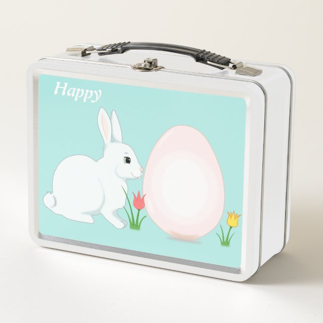 Happy bunny, egg and flowers on light blue metal lunch box (Front)