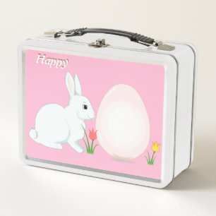 Happy bunny, egg and flowers on pink metal lunch box