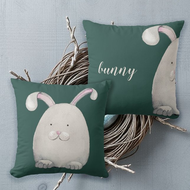 Happy Bunny Watercolor Illustration Throw Pillow (Creator Uploaded)