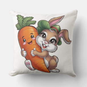 Happy bunny with a giant carrot throw pillow