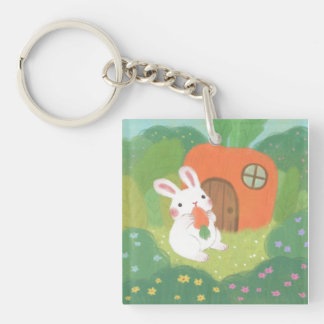 Happy Bunny with Carrot in Forest Keychain