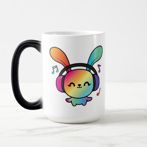 Happy Bunny with headphones listening to music  Magic Mug