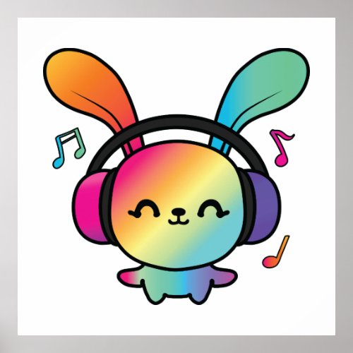 Happy Bunny with headphones listening to music  Poster