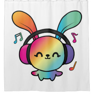 Happy Bunny with headphones listening to music. Shower Curtain