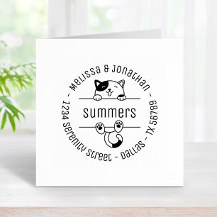 Happy Calico Cat Couple Family Round Address 2 Rubber Stamp