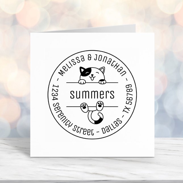 Happy Calico Cat Couple Family Round Address Self-inking Stamp (Creator Uploaded)