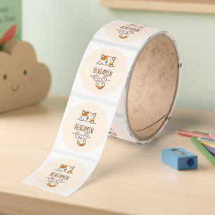 Happy Calico Cat on Beige Custom Name Classic Round Sticker