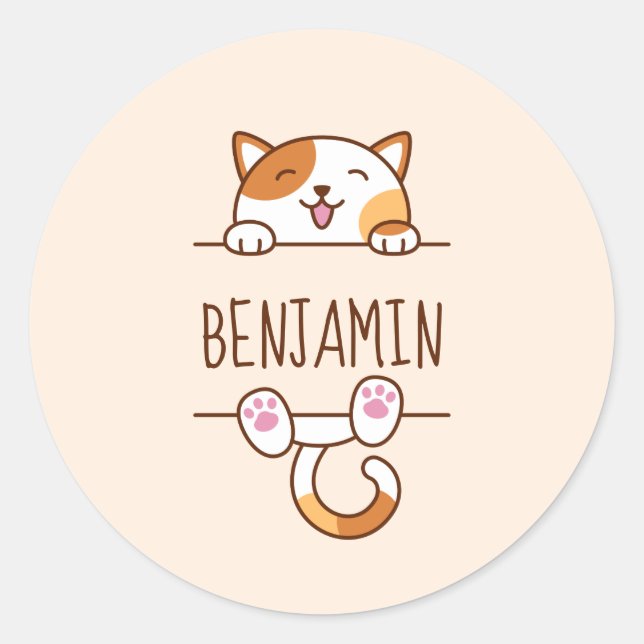 Happy Calico Cat on Beige Custom Name Classic Round Sticker (Front)