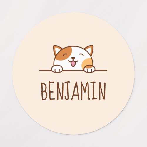 Happy Calico Cat Peeking above Custom Name Kids Labels