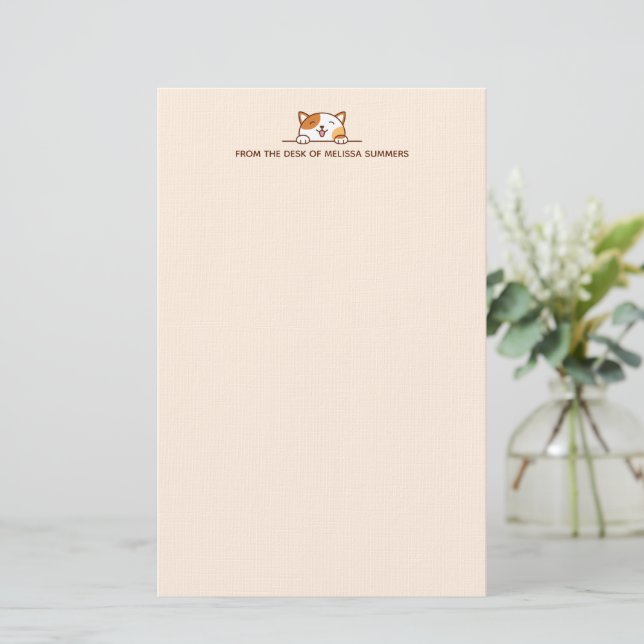 Happy Calico Cat Peeking above Custom Text Beige Stationery (Standing Front)