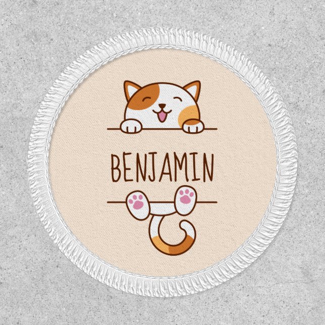 Happy Calico Cat Peeking behind Custom Name 2 Patch (Front)