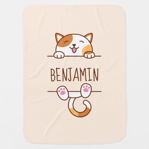 Happy Calico Cat Peeking behind Custom Name Baby Blanket