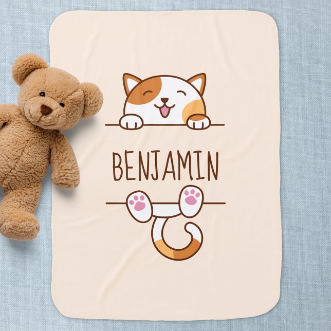 Happy Calico Cat Peeking behind Custom Name Baby Blanket (Creator Uploaded)