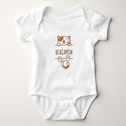 Happy Calico Cat Peeking behind Custom Name Baby Bodysuit