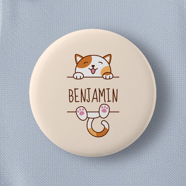 Happy Calico Cat Peeking behind Custom Name Button (Creator Uploaded)