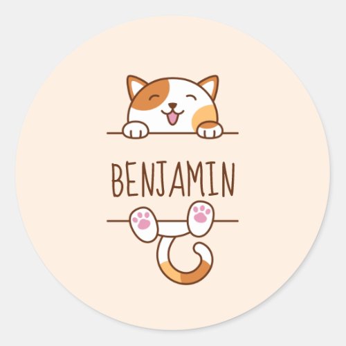 Happy Calico Cat Peeking behind Custom Name Classic Round Sticker