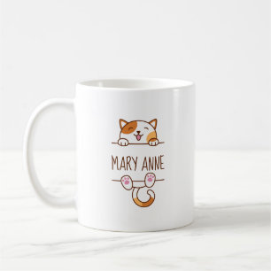 Happy Calico Cat Peeking behind Custom Name Coffee Mug