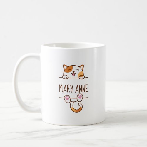 Happy Calico Cat Peeking behind Custom Name Coffee Mug