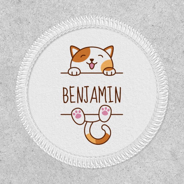 Happy Calico Cat Peeking behind Custom Name Patch (Front)