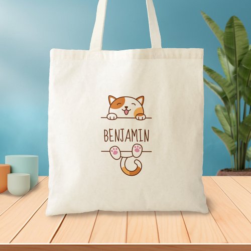 Happy Calico Cat Peeking behind Custom Name Tote Bag