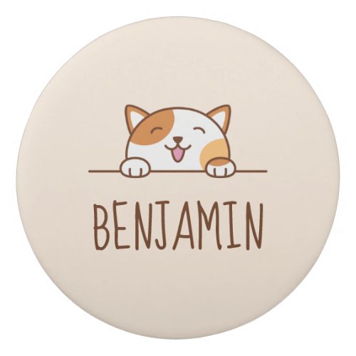 Happy Calico Cat Peeking Custom Name Beige Eraser