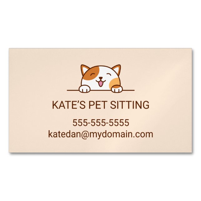 Happy Calico Cat Peeking Pet Sitting Service Business Card Magnet (Front)