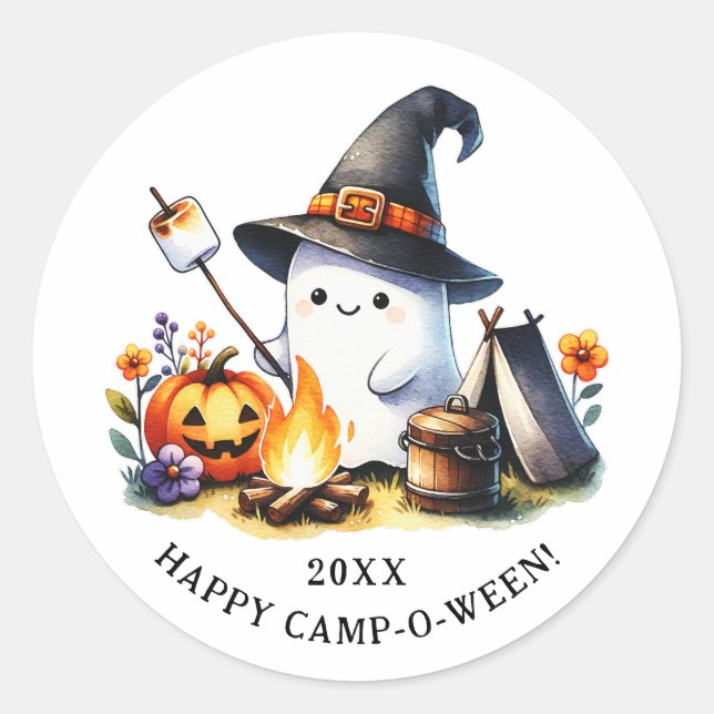 Happy Camp-o-ween Funny Ghost Camping Halloween Classic Round Sticker (Front)