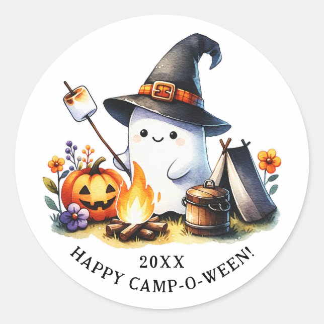 Happy Camp-o-ween Ghost Camping Halloween Classic Round Sticker (Front)
