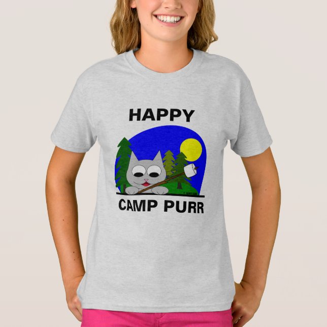 Happy Camp Purr Funny Camping Cartoon Cat T Shirt (Front)