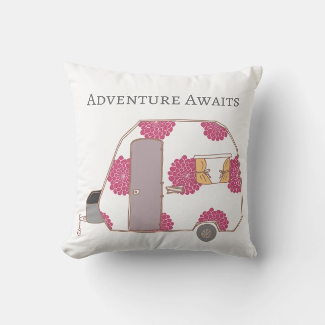 Happy Camper - Adventure Awaits Throw Pillow (Front)