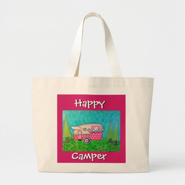 Happy Camper Bag, Pink Camper, Camper Tote (Front)