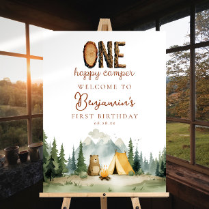 Happy Camper Bear 1st Birthday Welcome Sign