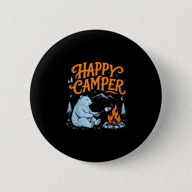 Happy camper bear roasting marshmallows design  button (Front)