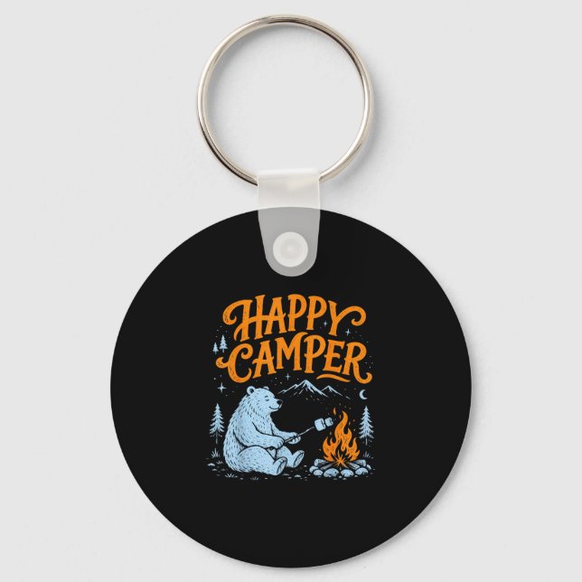 Happy camper bear roasting marshmallows design  keychain (Front)