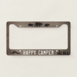 Happy Camper - Bear Silhouettes - Custom Text License Plate Frame<br><div class="desc">"Happy Camper." Faux Wood License Plate Frame with Mountain,  Pine Trees and Bear Silhouettes. This outdoor enthusiast's license plate cover can be customized with your own message. Perfect for RVs,  campers,  vans or whatever vehicle you drive to your favorite campground. Fits USA size license plates.</div>
