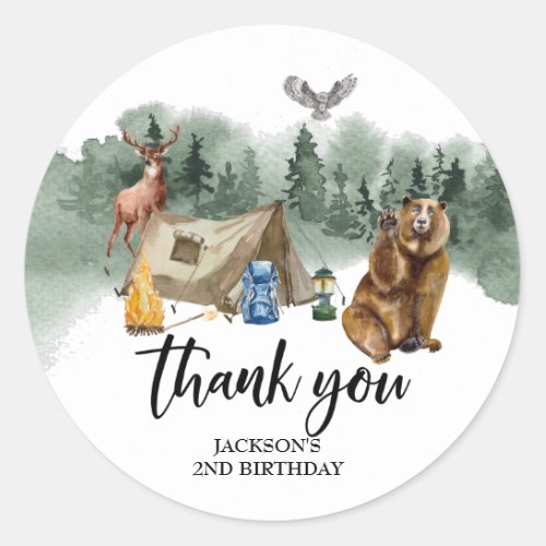 Happy Camper Bear Thank you Birthday Favor  Classic Round Sticker
