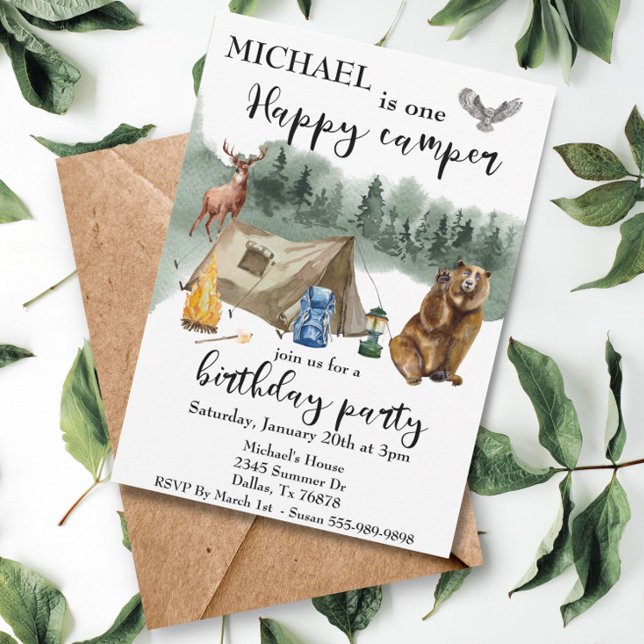 Happy Camper Birthday Forest Bear Invitation (Creator Uploaded)