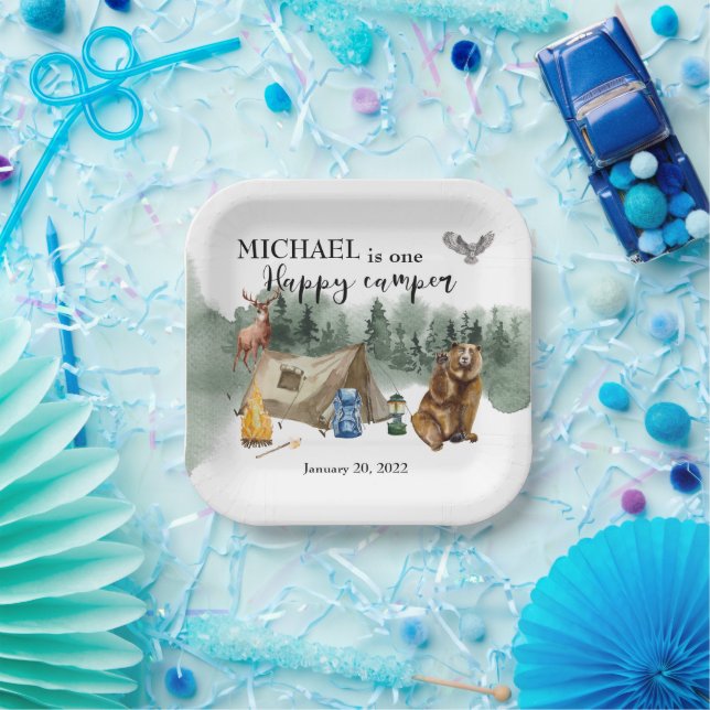 Happy Camper Birthday Forest Bear  Paper Plates (Party)