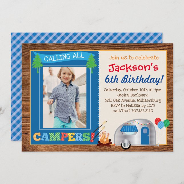 Happy Camper Boy Photo Birthday Party Invitation (Front/Back)