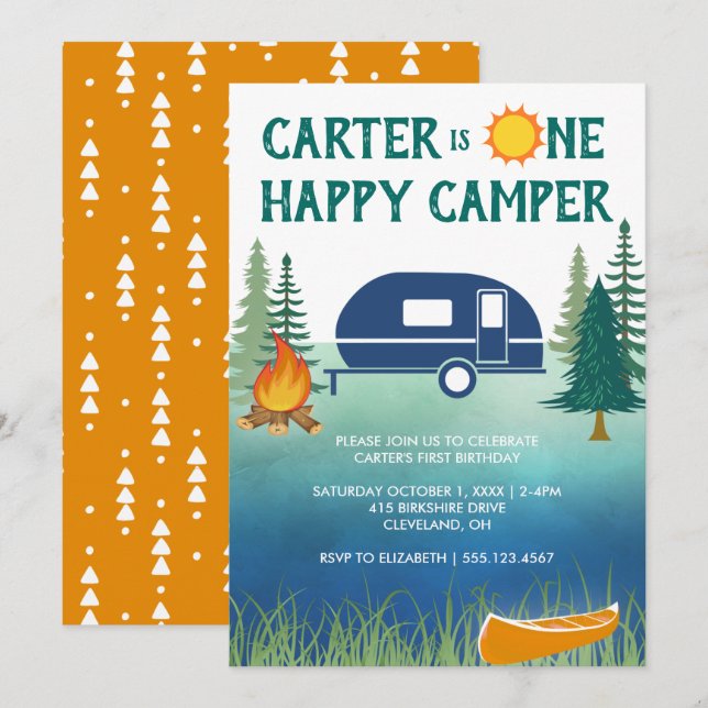 Happy Camper Boys First Birthday Invitation (Front/Back)