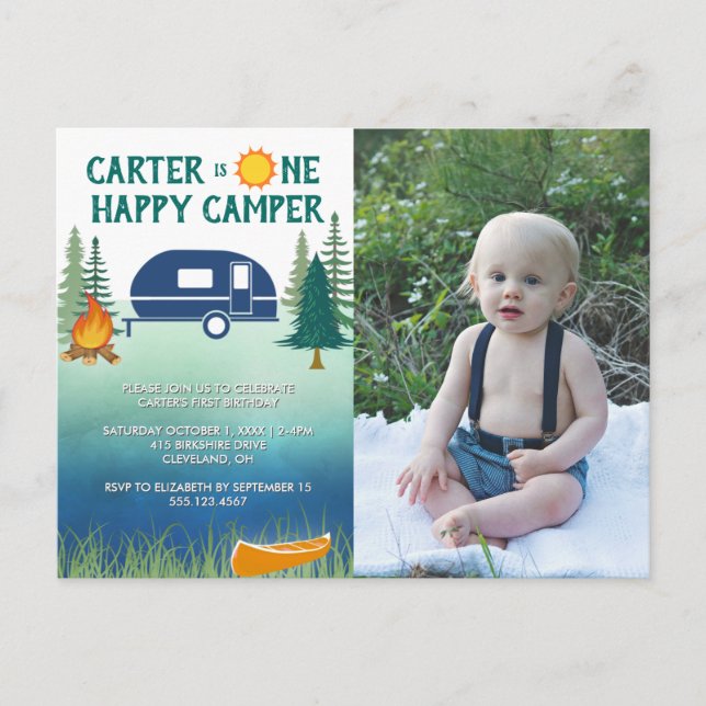 Happy Camper Boys First Birthday Photo Invitation  Postcard (Front)