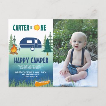 Happy Camper Boys First Birthday Photo Invitation Postcard by ModernMatrimony at Zazzle