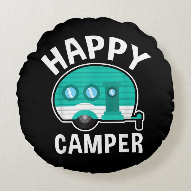 Happy Camper Camping Car Caravan Funny Vacation Round Pillow (Front)