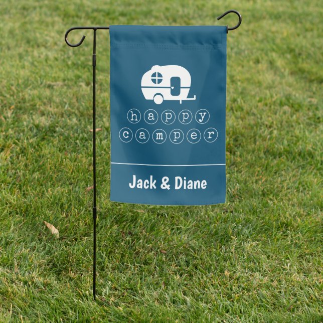 Happy Camper Camping Flag with Your Name in Blue (In SItu)